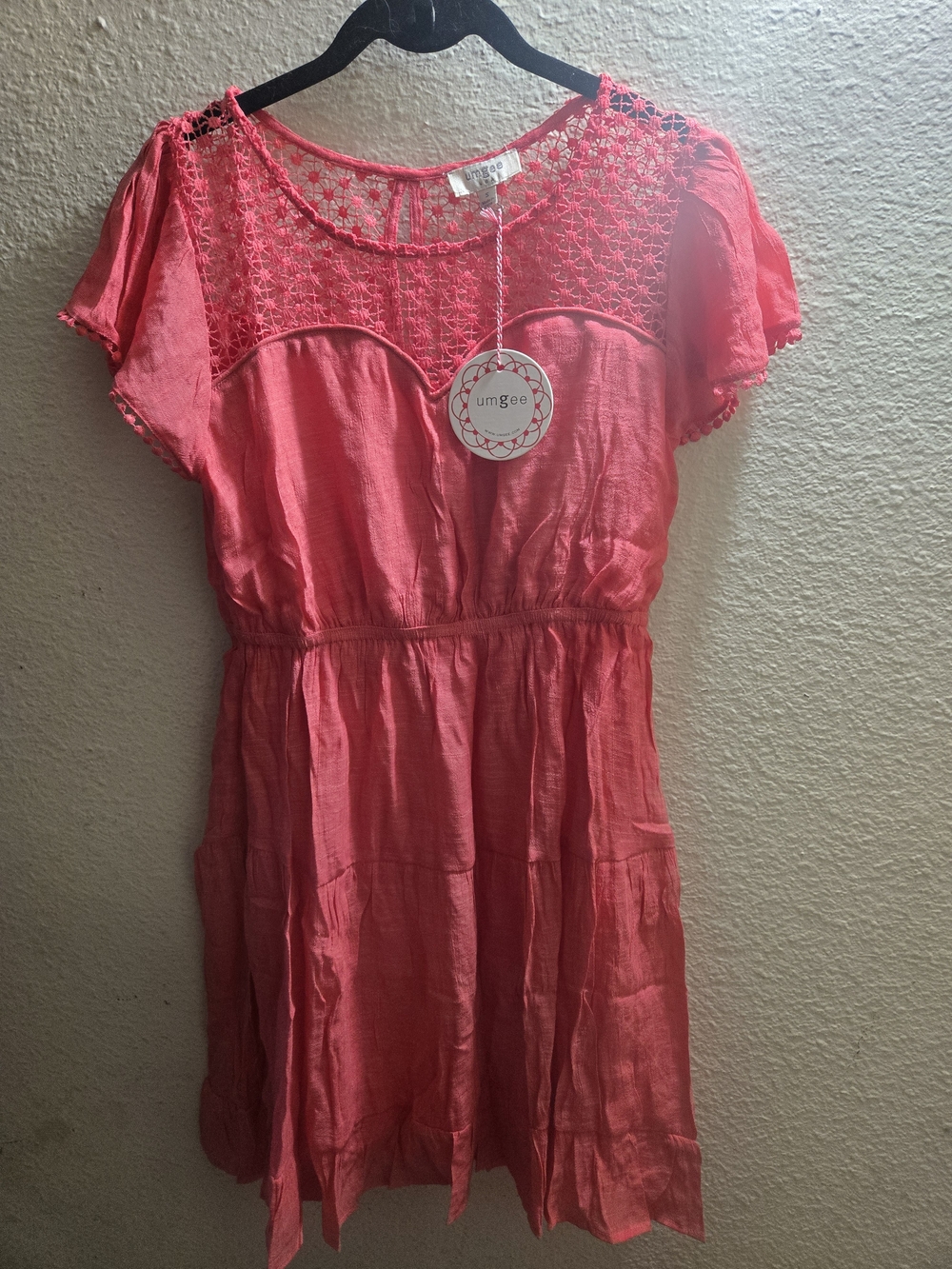 Umgee Coral Pink Crochet Yoke Short Sleeve Dress
